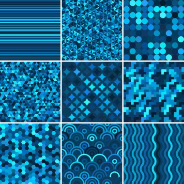 9 mavi soyut dikişsiz geometrik desen, vektör illüstrasyon ile ayarlayın