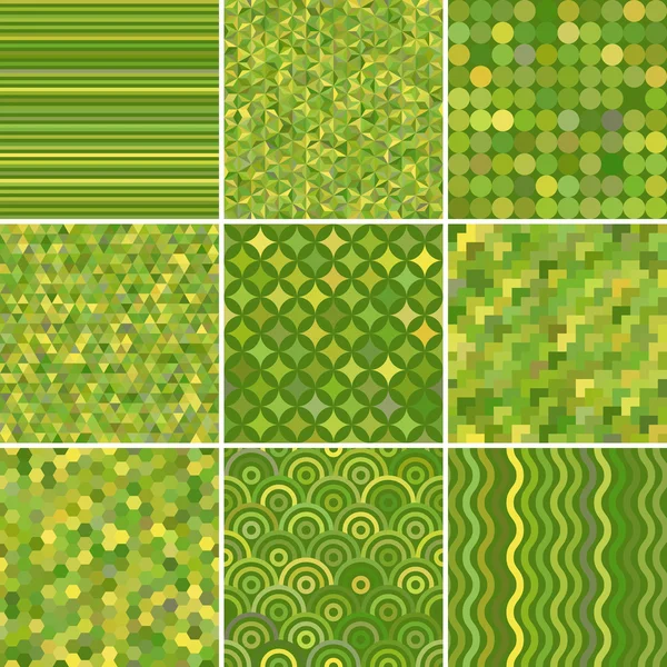 Set mit 9 grünen abstrakten, nahtlosen geometrischen Mustern, Vektorillustration — Stockvektor