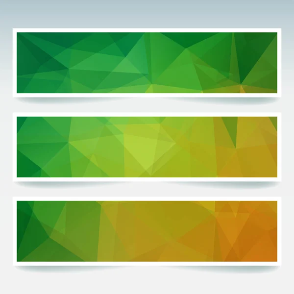 Banner abstrato com modelos de design de negócios. Conjunto de Banners com fundo em mosaico poligonal. Ilustração vetorial triangular geométrica. Verde, amarelo, cores laranja — Vetor de Stock