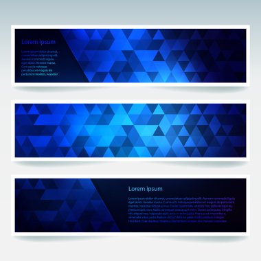 Vektör poligonal soyut koyu mavi üçgen kümesiyle afiş. Soyut poligonal düşük Poli afiş.