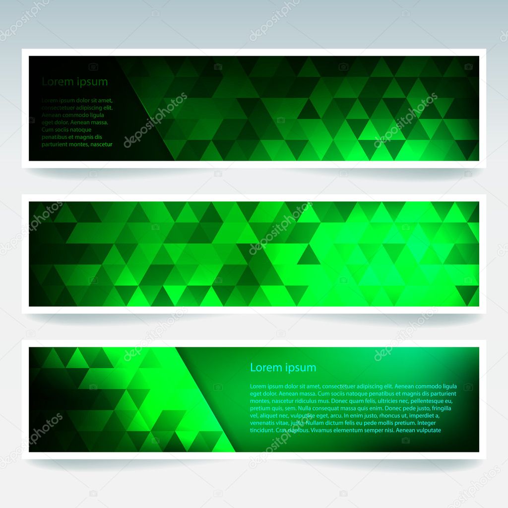 Vector banners set with polygonal abstract green triangles. Abstract polygonal low poly banners.