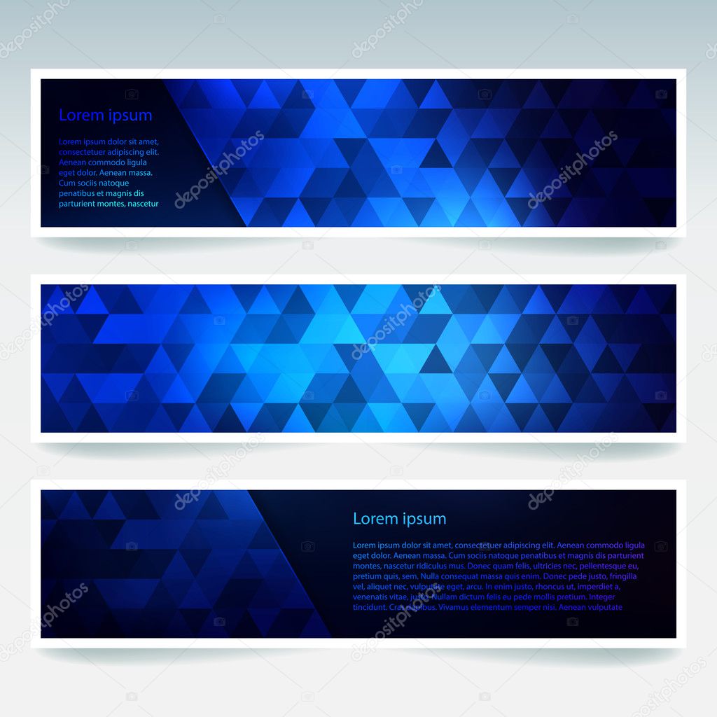 Vector banners set with polygonal abstract dark blue triangles. Abstract polygonal low poly banners.