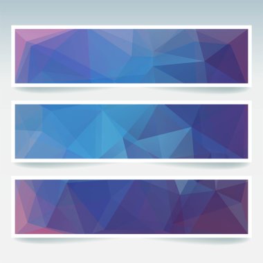 Yatay Banner poligonal mavi, mor üçgenler ile ayarlayın. Çokgen arka plan, vektör çizim