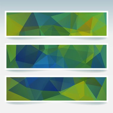Yatay Banner poligonal yeşil, mavi üçgenler ile ayarlayın. Çokgen arka plan, vektör çizim