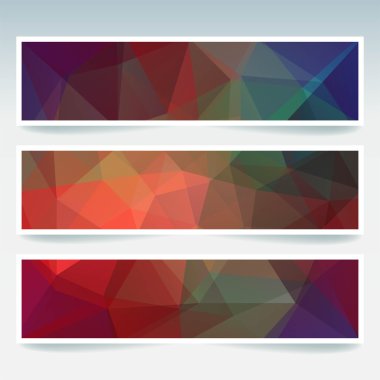 Yatay Banner poligonal koyu renkli üçgenler ile ayarlayın. Çokgen arka plan, vektör çizim. Sonbahar renkli. Kırmızı, turuncu, yeşil, kahverengi, mavi renkler