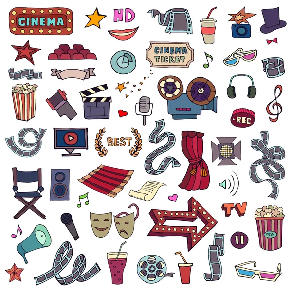 Set con set de cine colorido garabato dibujado a mano. Iconos para hacer películas. Colección de símbolos de película . — Vector de stock