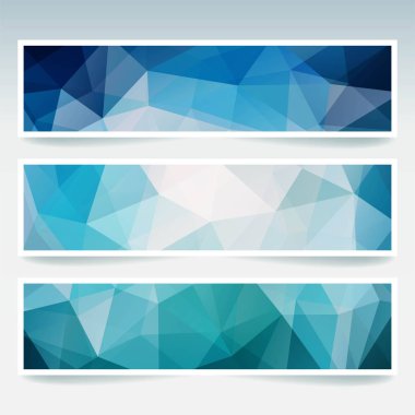 Vektör kümesi poligonal soyut üçgenler ile afiş. Poligonal düşük Poli afiş soyut. Mavi, beyaz renkler.