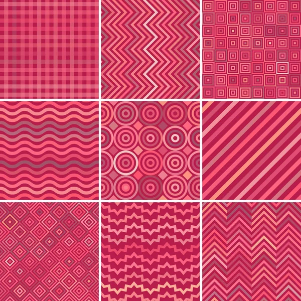 Conjunto de fondo colorido abstracto, 9 patrón geométrico, ilustración vectorial. La textura se puede utilizar para imprimir en tela y papel. Rojo, colores rosados — Archivo Imágenes Vectoriales