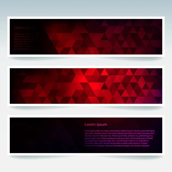 Vector banners set with polygonal abstract triangles. Abstract polygonal low poly banners. Red, black colors. — Stock Vector
