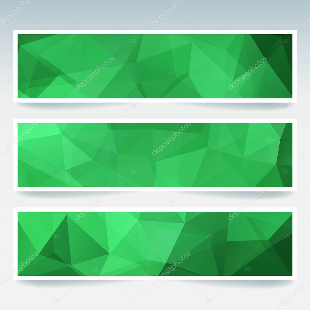 Horizontal banners set with green polygonal triangles. Polygon background, vector illustration