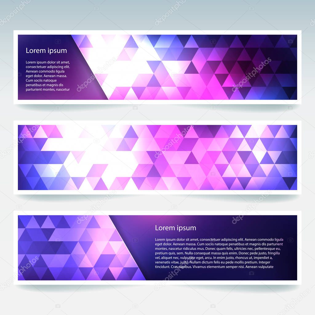 Set of banner templates with colorful abstract background. Modern vector banners with polygonal triangles. Pink, purple colors