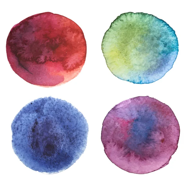 Coloridas manchas acuarela pintadas conjunto, ilustración vectorial. Rojo, azul, verde, rosa — Archivo Imágenes Vectoriales