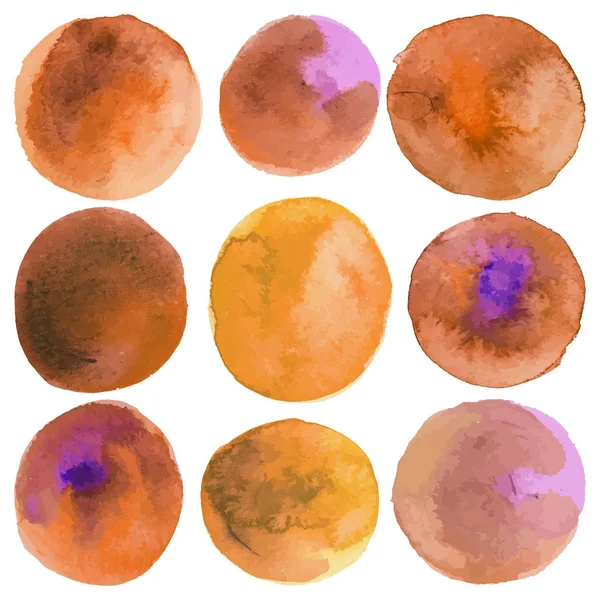 Set avec vecteur isolé aquarelle cercles de peinture. Beige, orange, brun — Image vectorielle