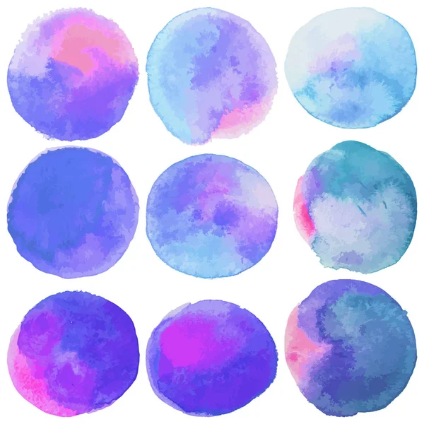 Conjunto com círculos de pintura aquarela vetorial isolado. Rosa, roxo, cores azuis . — Vetor de Stock