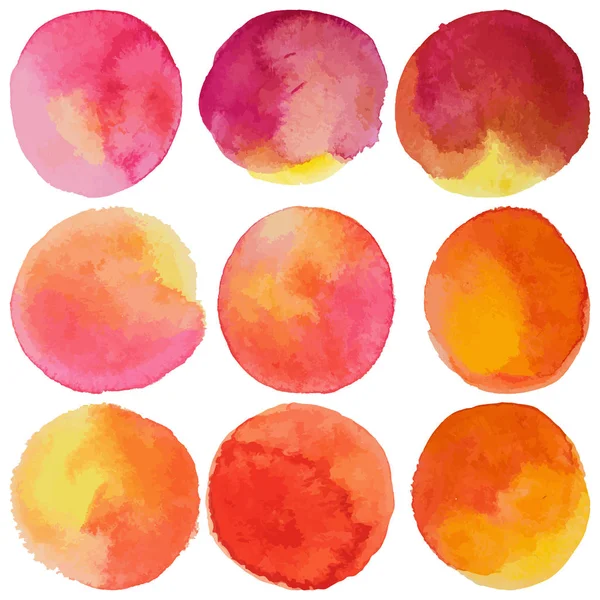 Conjunto con vectores aislados círculos de pintura acuarela. Rojo, naranja colores . — Archivo Imágenes Vectoriales