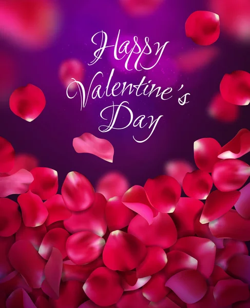 Happy Valentines day handwritten text on blurred background with rose petals. Векторная иллюстрация. Розовый, фиолетовый, красный цвета — стоковый вектор