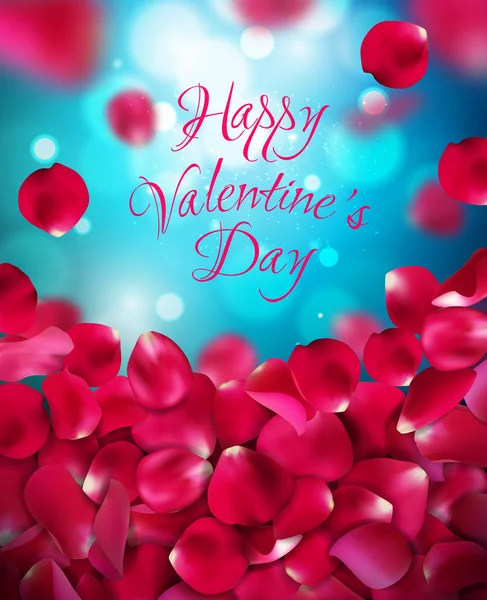 Happy Valentines day handwritten text on blurred background with rose petals. Векторная иллюстрация. Розовый, фиолетовый, красный, синий цвета — стоковый вектор