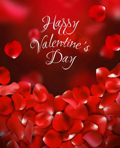 Happy Valentines day handwritten text on blurred background with rose petals. Векторная иллюстрация. Красный цвет . — стоковый вектор
