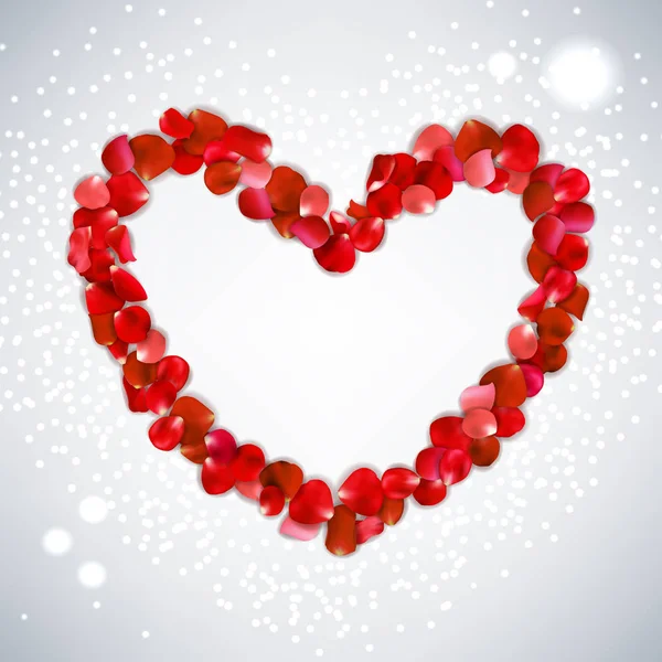 Coeur en forme de pétales de rose rouge sur fond gris, illustration vectorielle Saint Valentin avec de beaux pétales de rose. Amour toile de fond — Image vectorielle