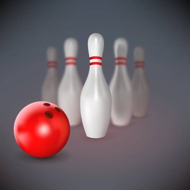 Gerçekçi kırmızı top ve bowling pin. Gölgeler spor tema, vektör çizim nesneleriyle