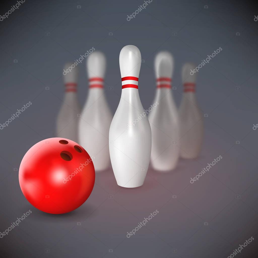 Realistic red ball and pin of bowling. Objects with shadows on sport theme, vector illustration