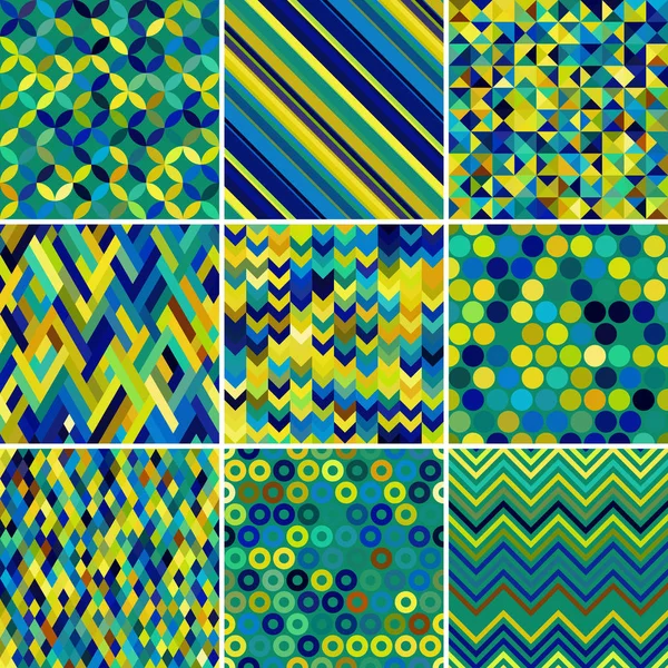 Colección de nueve fondos geométricos, ilustración vectorial. Amarillo, verde, azul — Archivo Imágenes Vectoriales