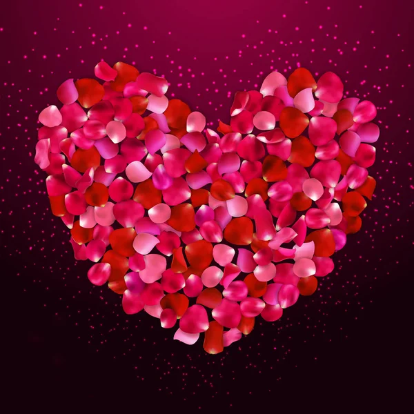Heart shape of red petals on white background, vector illustration. Valentine's day with beautiful rose petals. Love backdrop — Stock Vector