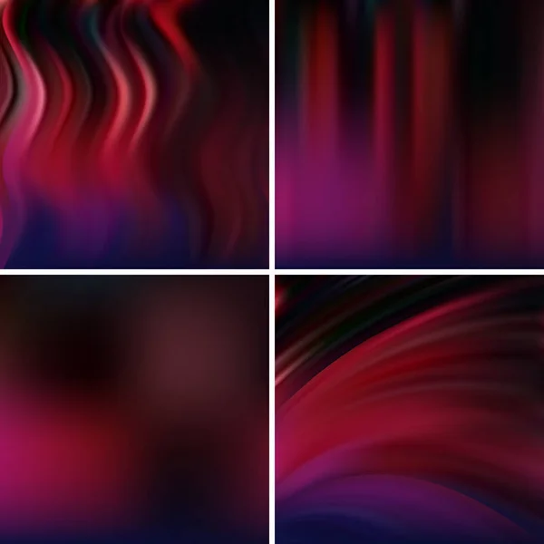 Abstract vectorillustratie van donkere achtergrond met wazig lichtlijnen. Set van vier vierkante achtergronden. Gebogen lijnen. Rood, bruin, donker, zwart kleuren. — Stockvector