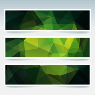 Yatay Banner poligonal yeşil üçgenler ile ayarlayın. Çokgen arka plan, vektör çizim
