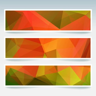 Vektör kümesi poligonal soyut üçgenler ile afiş. Poligonal düşük Poli afiş soyut. Turuncu, yeşil, sarı renkler.