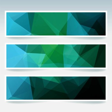 İş tasarım şablonları ile soyut banner. Afiş kümesi poligonal mozaik arka planlar ile. Geometrik üçgen vektör çizim. Yeşil, mavi renklerini.