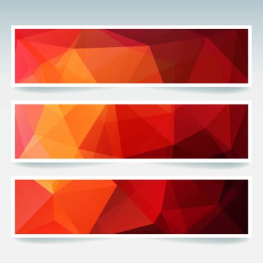 Vektör kümesi poligonal soyut üçgenler ile afiş. Poligonal düşük Poli afiş soyut. Kırmızı, turuncu renkler.