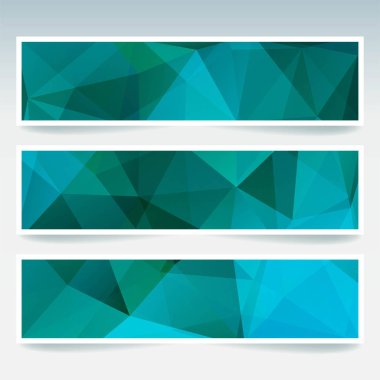 Yeşil, mavi iş tasarım şablonları ile soyut banner. Afiş kümesi poligonal mozaik arka planlar ile. Geometrik üçgen vektör çizim.