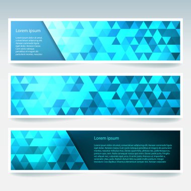 Mavi çokgen üçgenli yatay bayraklar. Çokgen arkaplan, vektör illüstrasyonu