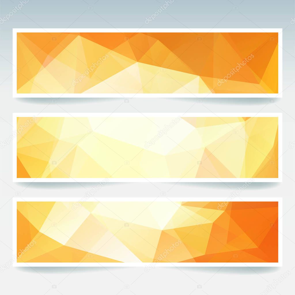 Horizontal banners set with yellow, white, orange polygonal triangles. Polygon background, vector illustration