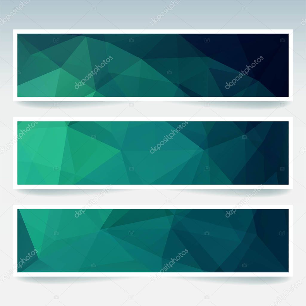 Set of green banner templates with abstract background. Modern vector banners with polygonal background