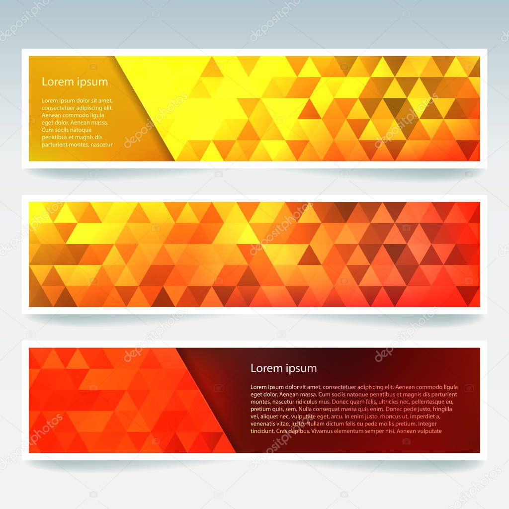 Abstract banner with business design templates. Set of Banners with polygonal mosaic backgrounds. Geometric triangular vector illustration. Yellow, orange, red colors.