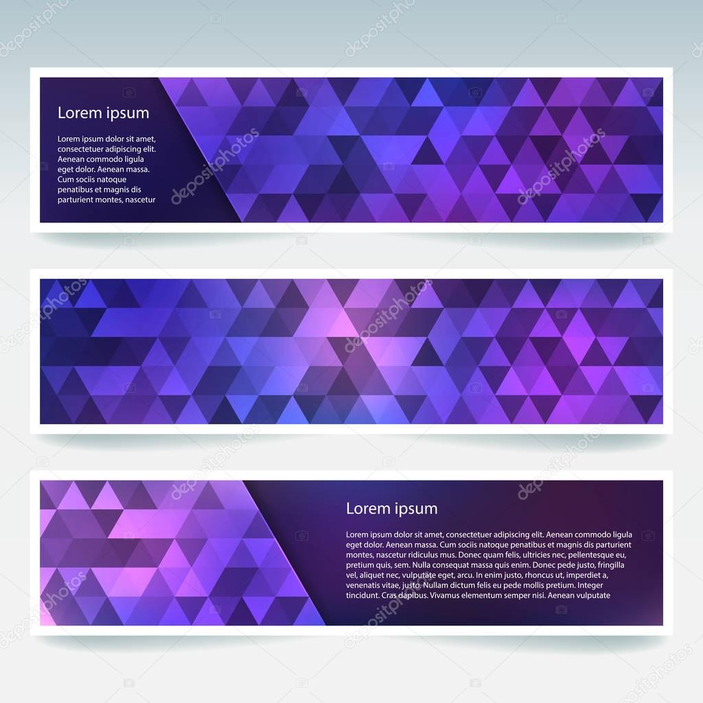 Abstract banner with business design templates. Set of Banners with polygonal mosaic backgrounds. Geometric triangular vector illustration. Pink, blue, purple, violet colors.