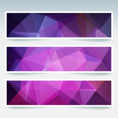 Yatay Banner poligonal üçgenler ile ayarlayın. Çokgen arka plan, vektör çizim. Pembe, mor renkler.