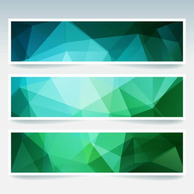 İş tasarım şablonları ile soyut banner. Afiş kümesi poligonal mozaik arka planlar ile. Geometrik üçgen vektör çizim. Mavi, yeşil renkleri.