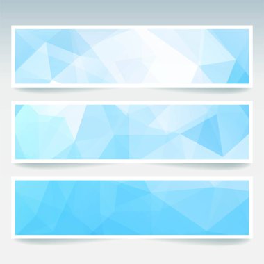 İş tasarım şablonları ile soyut banner. Afiş kümesi poligonal mozaik arka planlar ile. Geometrik üçgen vektör çizim. Mavi, beyaz renkler.