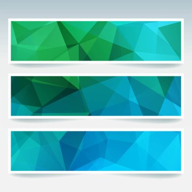Vektör afiş poligonal soyut yeşil, mavi üçgenler ile ayarla. Soyut poligonal düşük Poli afiş