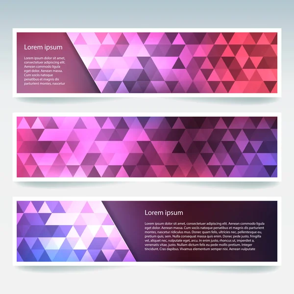 Yatay Banner poligonal üçgenler ile ayarlayın. Çokgen arka plan, vektör çizim. Pembe, mor, mavi renkler.