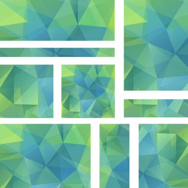 Yatay ve dikey afiş poligonal üçgenler ile ayarlayın. Çokgen arka plan, vektör çizim. Yeşil, mavi renklerini