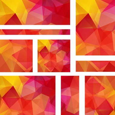 Yatay ve dikey afiş poligonal üçgenler ile ayarlayın. Çokgen arka plan, vektör çizim. Sarı, turuncu, kırmızı renkleri.