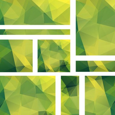 Vektör kümesi poligonal soyut üçgenler ile afiş. Poligonal düşük Poli afiş soyut. Sarı, yeşil renkler.