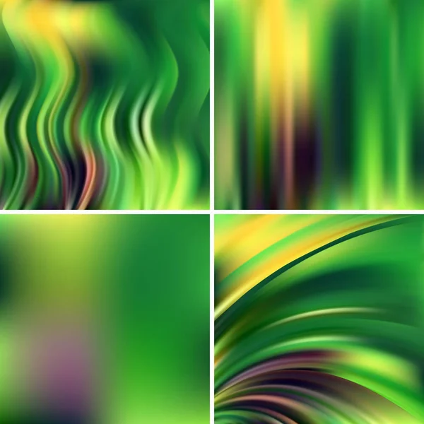 Set di quattro sfondi quadrati verdi. Illustrazione astratta vettoriale di sfondo colorato con linee di luce sfocata. Linee curve . — Vettoriale Stock