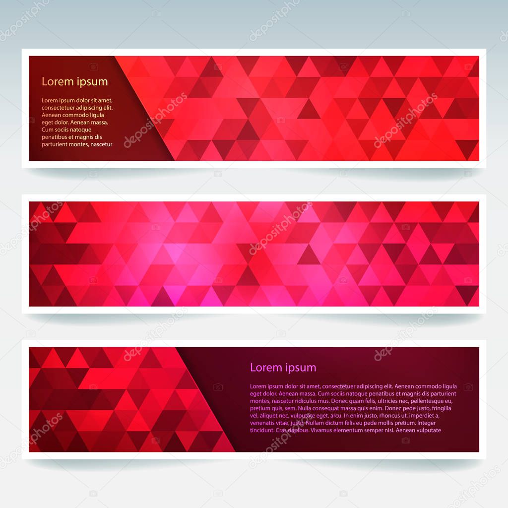 Vector banners set with red polygonal abstract triangles. Abstract polygonal low poly banners.