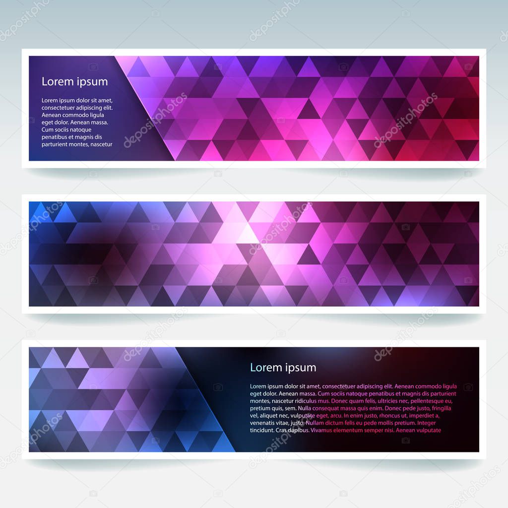 Vector banners set with dark purple polygonal abstract triangles. Abstract polygonal low poly banners.