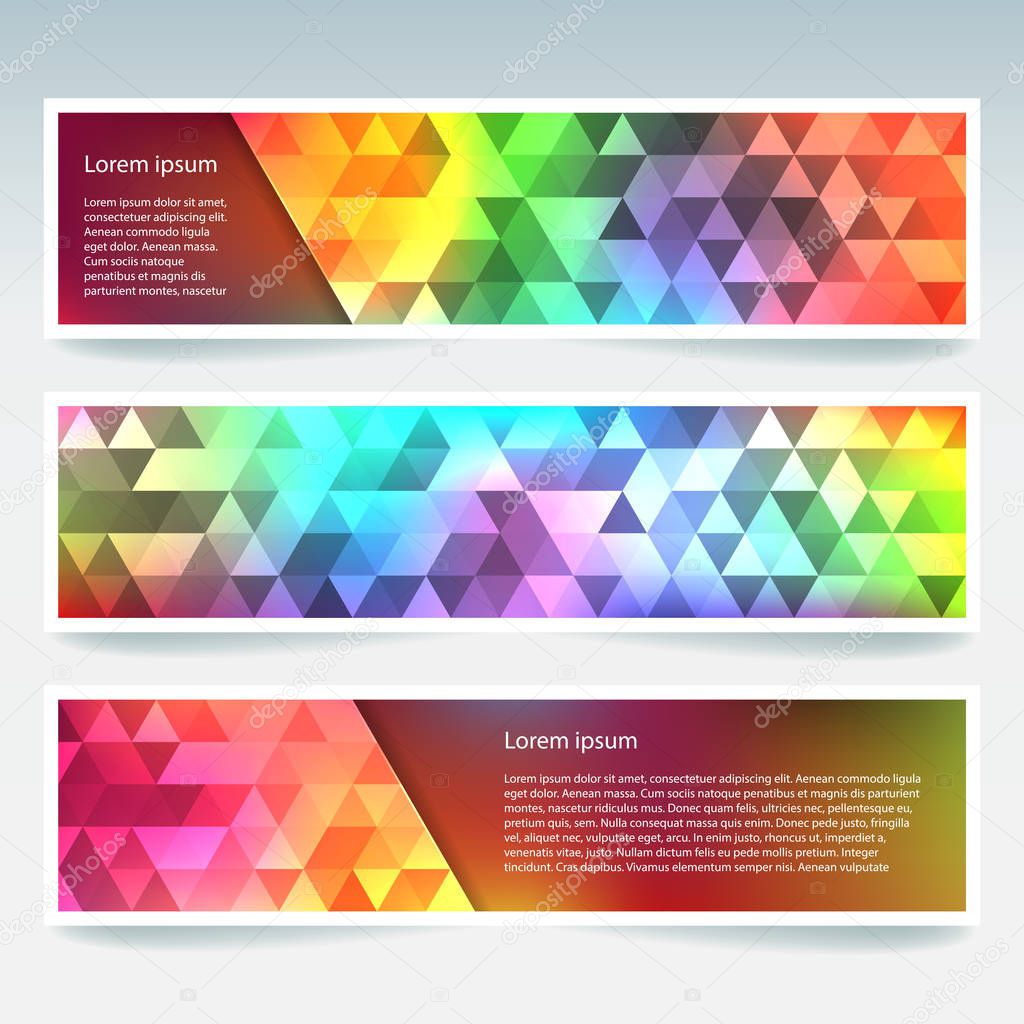 Set of colorful banner templates with abstract background. Modern vector banners with polygonal background. Yellow, green, blue, red, pink colors. Rainbow-colored.